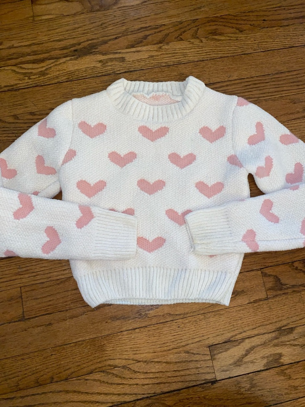 Girls Heart Pattern Chenille Crewneck Sweater - White with Pink Hearts sz 10/12